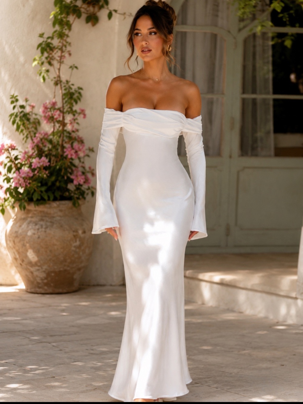 Off-Shoulder Long Sleeve White Maxi Dress Bridal